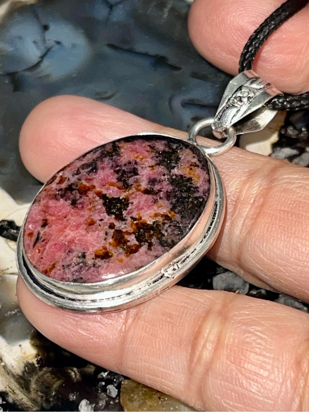 Peach Blossom Jade Rhodonite Pendant 2”